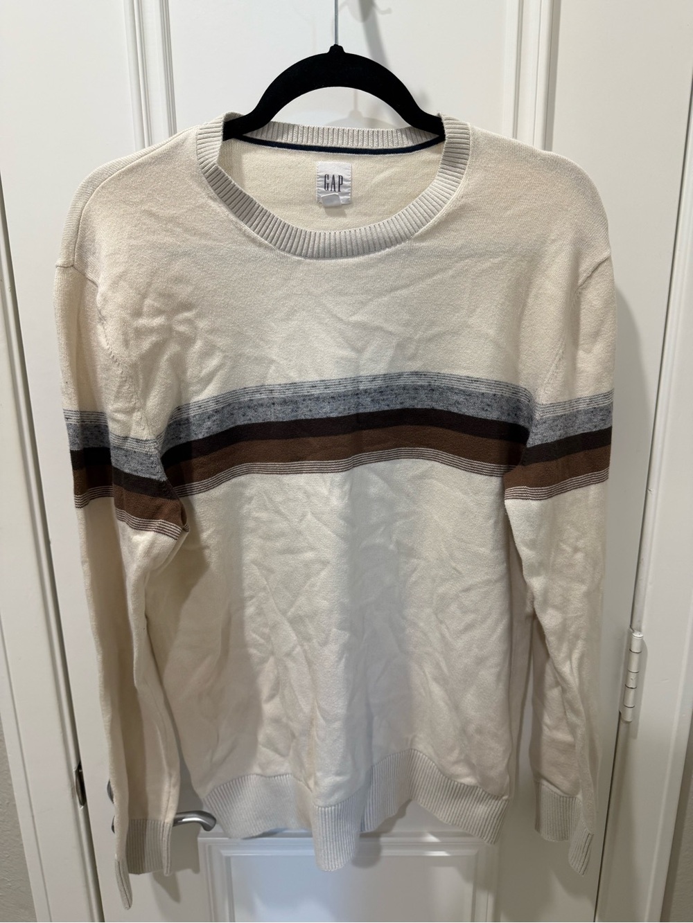 GAP Cream Crewneck Sweater with Gray and Brown Stripes